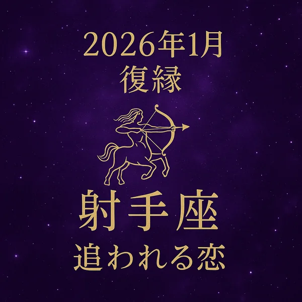 射手座の復縁運（2026年1月）「追われる恋」｜パープルの宇宙背景に金文字と射手座（弓を引くケンタウロス）のシンボルを配置した高級感サムネイル