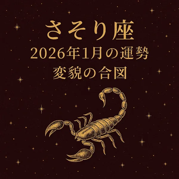 さそり座「2026年1月の運勢｜変貌の合図」をテーマにしたサムネイル。深いボルドー色の夜空に金色の星々が瞬き、中央に「さそり座」「2026年1月の運勢」「変貌の合図」の文字がバランスよく配置されている。下部には金色のサソリのシルエットが描かれ、高級感のある占いイメージになっている。