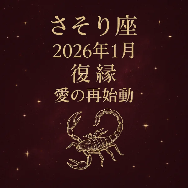 マルーンの宇宙背景に金文字で「さそり座｜2026年1月復縁｜愛の再始動」。下部に金のサソリのイラストが入った高級感あるサムネイル。