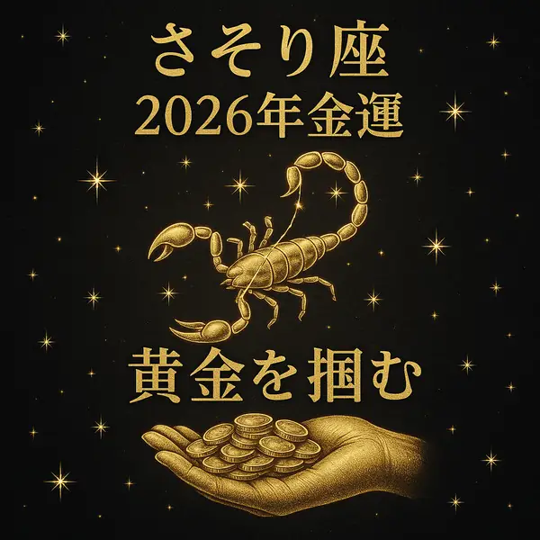 さそり座2026年金運「黄金を掴む」と金色文字で書かれ、星空を背景に金色のサソリと黄金のコインを載せた手が描かれた高級感のあるサムネイル画像