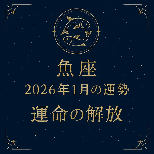 魚座｜2026年1月の運勢｜運命の解放というタイトルが中央に配置された、深いネイビー地に金色の魚座シンボルが輝く高級感のあるサムネイル画像