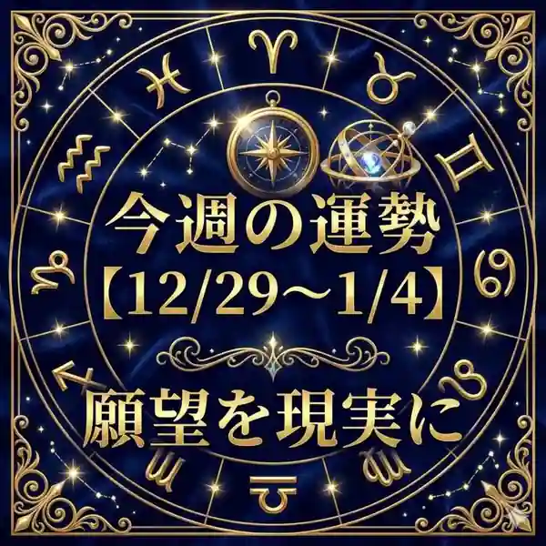 「紺色の星空と金の装飾の背景に、星座盤と羅針盤をあしらい、『今週の運勢【12/29〜1/4】願望を現実に』と記した占いサムネイル」