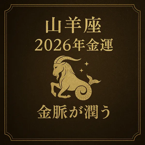 山羊座2026年金運「金脈が潤う」をテーマにした、山羊座カラーとゴールドでまとめた高級感のある星座サムネイル画像