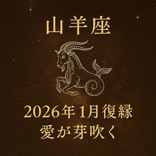 ブラウンの宇宙背景に金文字で「山羊座」「2026年1月復縁」「愛が芽吹く」。中央に山羊座（海ヤギ）の線画を配置した高級感サムネイル。