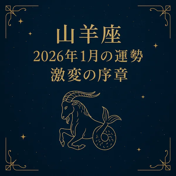 山羊座｜2026年1月の運勢｜激変の序章と中央に配置されたタイトルと、ネイビー地にゴールドの山羊座モチーフをあしらった高級感のあるサムネイル画像