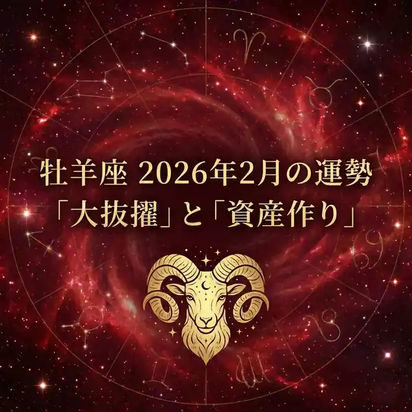 赤い星雲の背景に金色の牡羊座アイコンと「牡羊座 2026年2月の運勢『大抜擢』と『資産作り』」の文字が入ったサムネイル