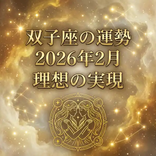 金色の宇宙背景に星座モチーフと双子のシンボル、文字『双子座の運勢 2026年2月 理想の実現』が入ったサムネイル