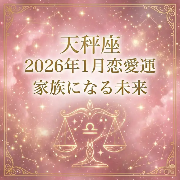 天秤座の星空背景に金縁フレームと天秤モチーフ、タイトル「天秤座 2026年1月恋愛運 家族になる未来」が入ったサムネイル画像