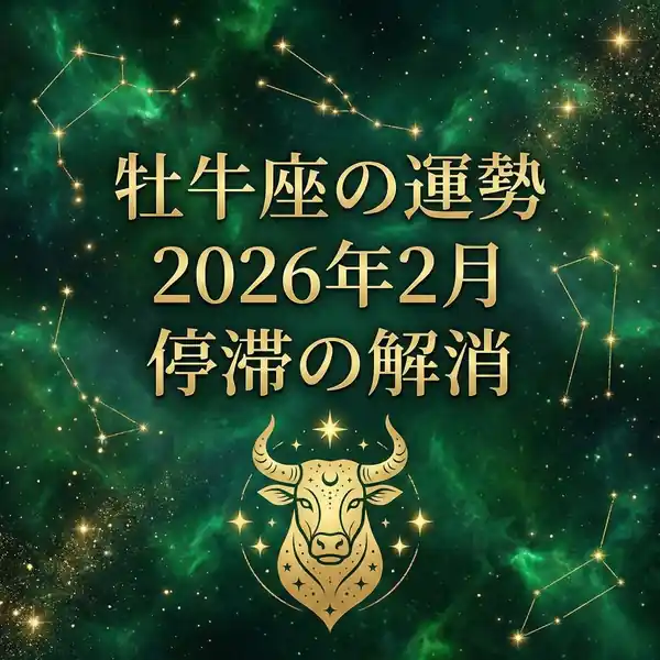 牡牛座の運勢（2026年2月）｜緑の星空背景に金文字と牡牛アイコンを配置した「停滞の解消」サムネイル