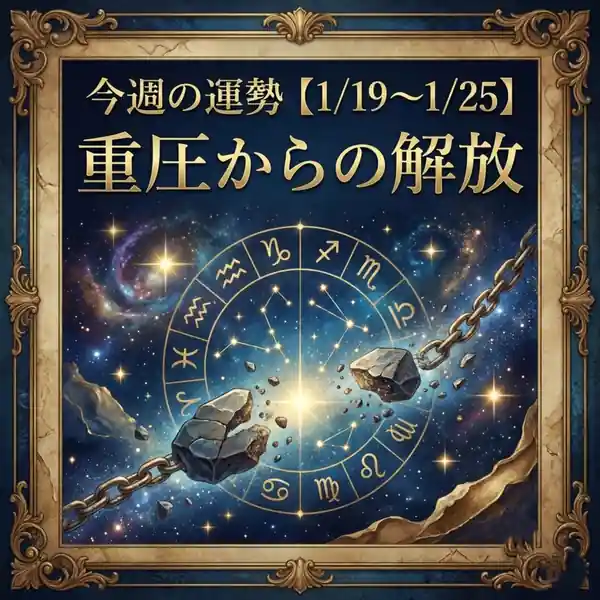 今週の運勢【1/19〜1/25】「重圧からの解放」。宇宙の星空と12星座の円盤、鎖が岩ごと砕けるイラストの装飾フレーム背景。