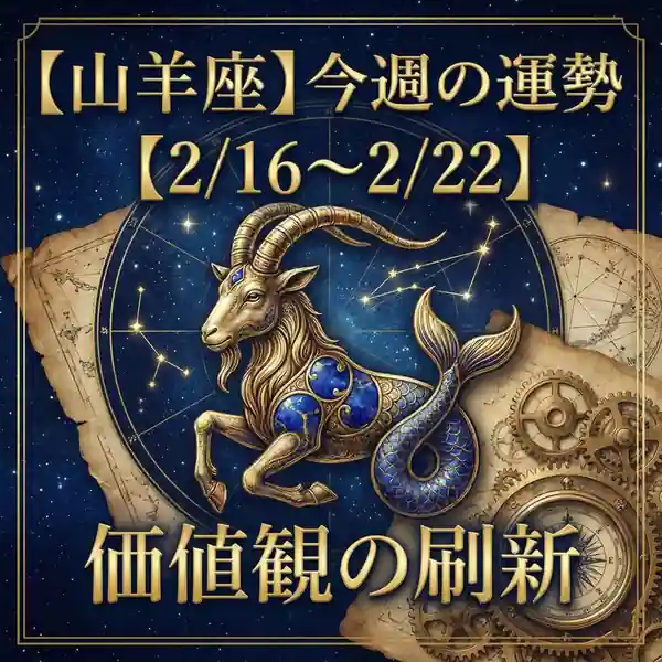 【山羊座】今週の運勢（2/16〜2/22）。星空と金縁デザインの背景に、山羊と魚の尾を持つ神秘的なモチーフ、見出しは「価値観の刷新」。
