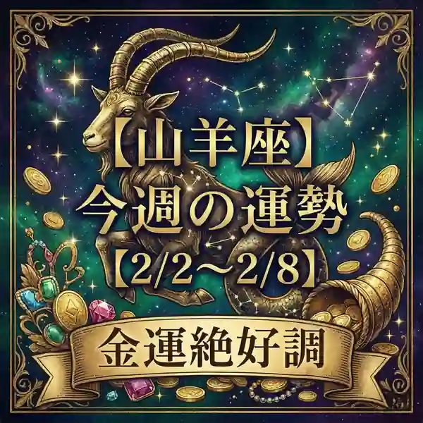 「星空の背景に金の装飾枠。金色の山羊（山羊座）のイラストとコインや宝石が散り、中央に『【山羊座】今週の運勢【2/2〜2/8】』、下部の帯に『金運絶好調』と書かれた占いバナー」