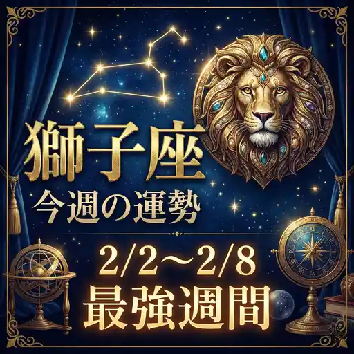 「星空の背景に金の装飾枠。右上に宝石風の獅子の顔エンブレム、左上に星座の線。大きな金文字で『獅子座 今週の運勢 2/2〜2/8 最強週間』と書かれた占いバナー」