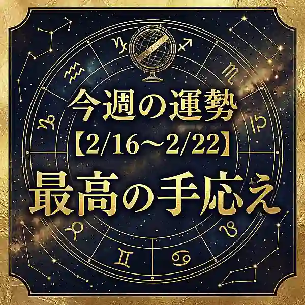 紺×金の星座盤デザインに「今週の運勢【2/16〜2/22】最高の手応え」と書かれたバナー