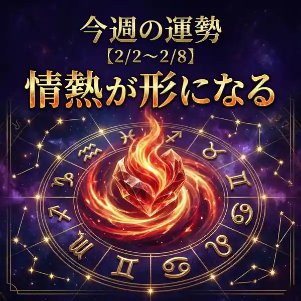 宇宙の背景に金文字で『今週の運勢【2/2〜2/8】情熱が形になる』。中央に炎をまとった赤い宝石、周囲に12星座の円盤と星座線が描かれた占い風ビジュアル