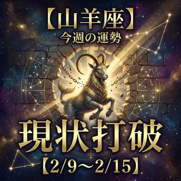 【山羊座】今週の運勢。星空と星座線の背景に、石の門から飛び出す山羊の幻想的なイラスト。金色の文字で「現状打破（2/9〜2/15）」と書かれている。