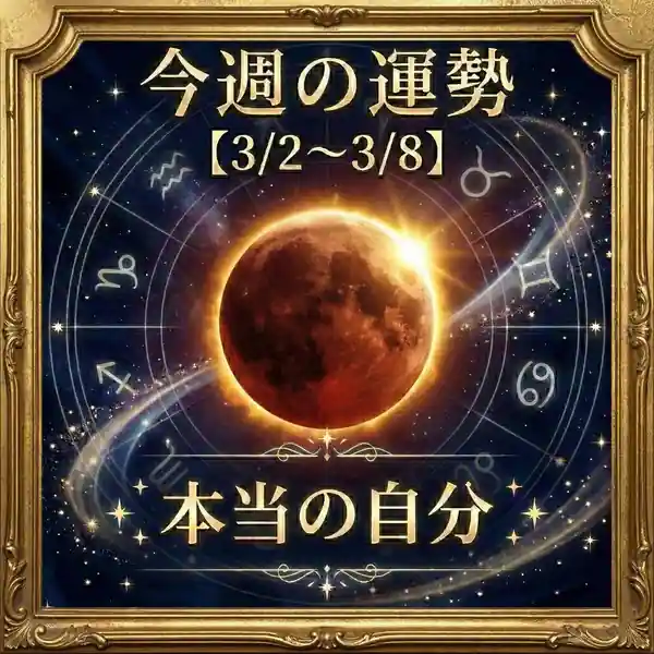赤く染まる月（皆既月食）を中心に、星座のシンボルが浮かぶ宇宙背景の装飾画像。上部に『今週の運勢【3/2〜3/8】』、下部に『本当の自分』の文字。