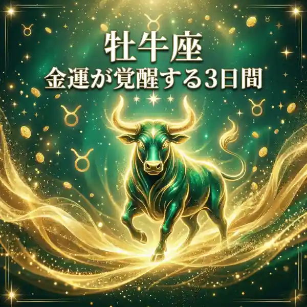 牡牛座の金運上昇をイメージしたビジュアル。緑と金の光に包まれた牡牛が中央に立ち、周囲に金貨や星、牡牛座の記号が散りばめられている。上部には 牡牛座 金運が覚醒する3日間 の文字が入っている。